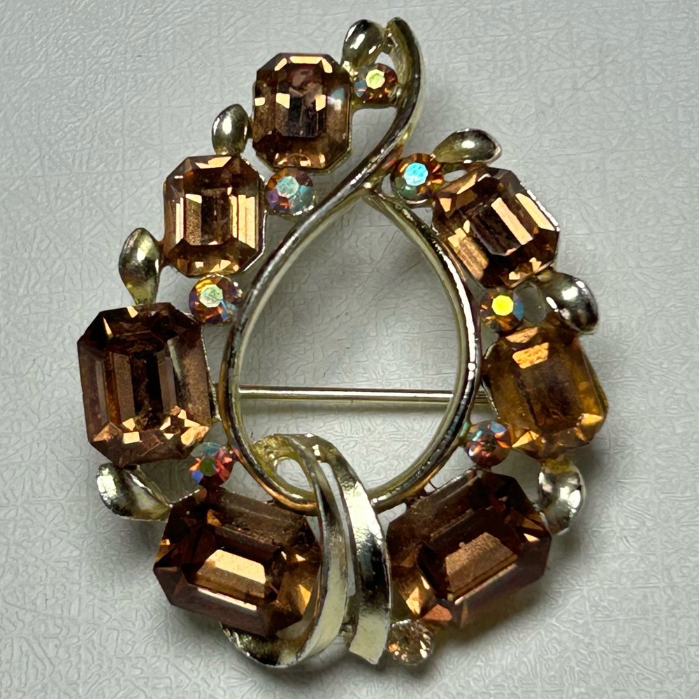 Lisner AB Rhinestone Brooch Vintage Signed Peach Brown Pin Signed Glam